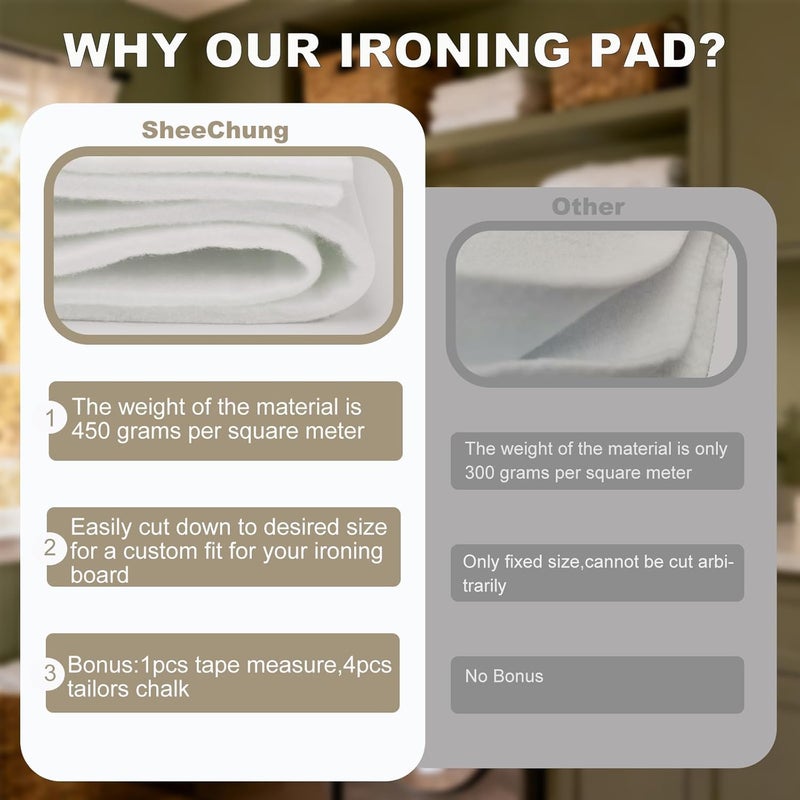 SheeChung Ironing Board Pad Only,Fit Ironing Boards Up to 57"x21",Cut to Desired Sizes,Ultra Thick Replaceable Ironing Padding,Universal Premium Felt Ironing Board Pad - Image 4